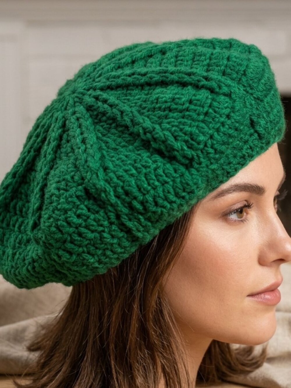 Handmade Green Crochet Beret Hat – Handcrafted Slouchy Knit Beanie / Tam